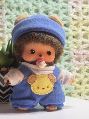 Sekiguchi Bebichhichi Monchhichi Baby Bear Pacifier Blue Costume Doll 5"